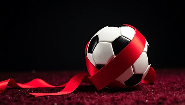 Soccer ball wrapped in red ribbon on a dark background for aids awareness