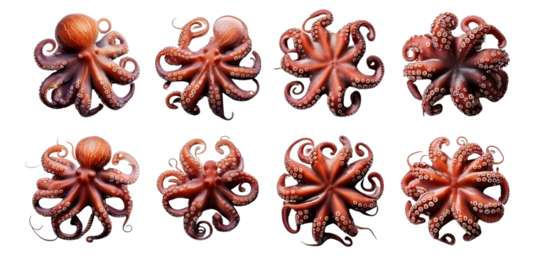 Colorful Octopuses Displaying Various Poses and Shapes Underwater, Isolated on Transparent, white background
