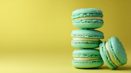 Stack of vibrant teal confectionery resting against a bright yellow background