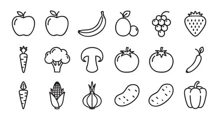 Black and white outline illustration of several fruits and vegetables