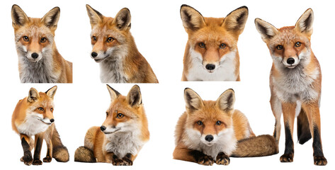 Obraz premium Collection of Various Fox Portraits on White Background, isolated on transparent background