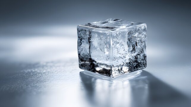 Crystalline frozen water block rests upon a reflective surface under dramatic lighting