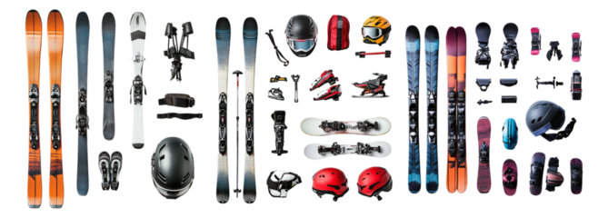 Arrangement of Ski Equipment and Gear with Helmets and Bindings, Isolated on Transparent, white background