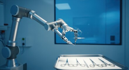 A robotic arm in a medical setting, holding a tray with surgical scissors.