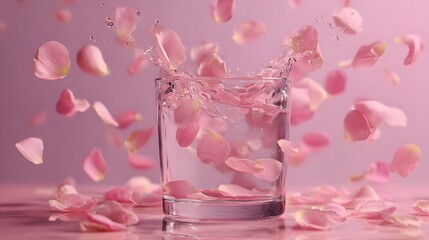 Fototapeta premium Pink rose petals splash into a clear drinking glass filled with liquid against a soft background