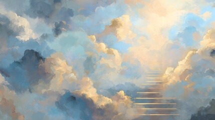Naklejka premium Celestial stairway ascends through richly textured, illuminated clouds bathed in soft light