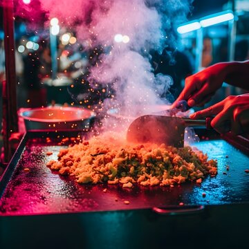 Colourful close-up of kottu roti sizzling under neon pink and blue lights, sparks of oil, rainbow steam, and reflections capturing the lively Sri Lankan night market vibe.