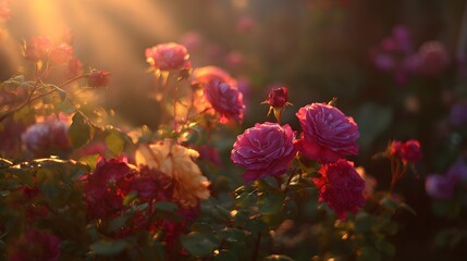 Vibrant pink and red roses bloom bathed in warm, golden sunlight rays