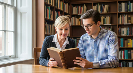 Two people reading a book in a library.