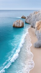 Turquoise Ocean Waves Crashing Onto Sandy Beach With Rocky Outcrops Under a Cloudy Sky