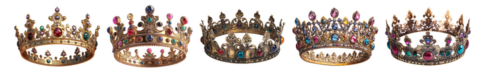 Naklejka premium Elegant Royal Crowns with Colorful Gemstone Details for Decoration, Isolated on Transparent, white background