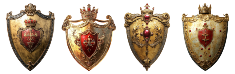 Ornate Vintage Shields with Decorative Elements and Rich Colors, Isolated on Transparent Background