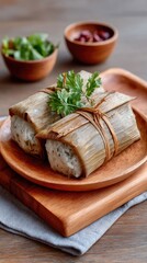 Two Sticky Rice Desserts Wrapped in Leafy Packaging Tied With Twine Garnished With Parsley On A Round Copper Plate With Wooden Bowls In The Background