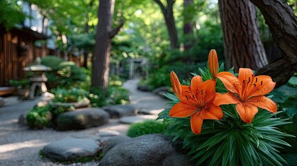 Two Vibrant Orange Tiger Lilies Bloom in a Serene Japanese Garden with a Stone Path and Lantern