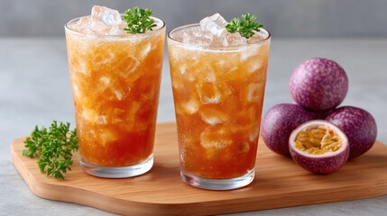 Two Tall Glasses Of Refreshing Golden Passion Fruit Juice With Ice And Garnish Sit On A Wooden Board Next To Whole And Halved Passion Fruits With Light Sprinkle Of Powdered Sugar