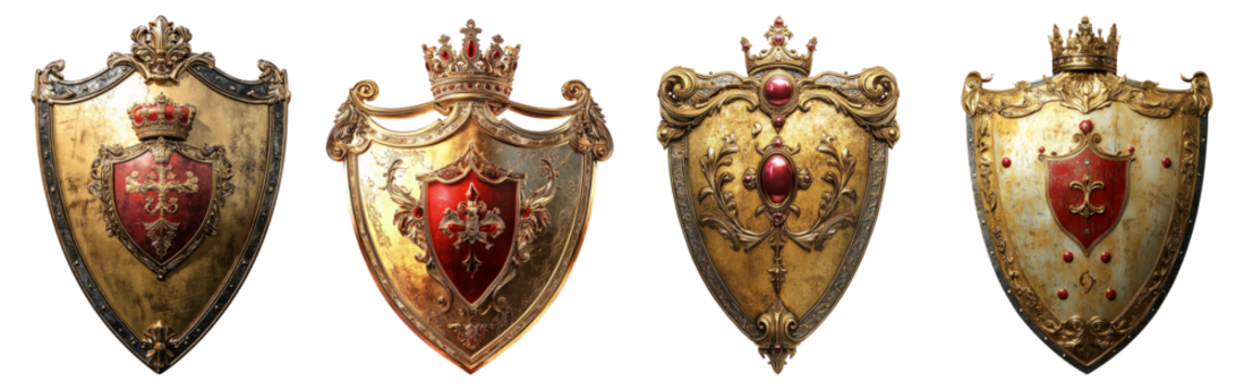 Ornate Vintage Shields with Decorative Elements and Rich Colors, Isolated on Transparent Background