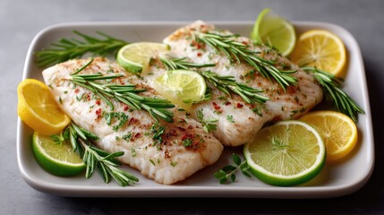Two White Fish Fillets Garnished With Rosemary Lemon Slices And Lime Slices On A White Plate With A Dark Background