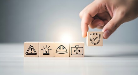 Hand placing wooden block with safety symbol on stack