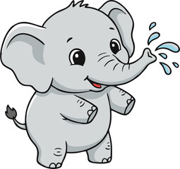 Adorable baby elephant cartoon character playfully squirting water, perfect for children's books, educational materials, and fun animal-themed designs