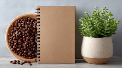 Styled Flat Lay of Roasted Coffee Beans Next to a Spiral Notebook and a Potted Green Plant on a Textured Gray Surface