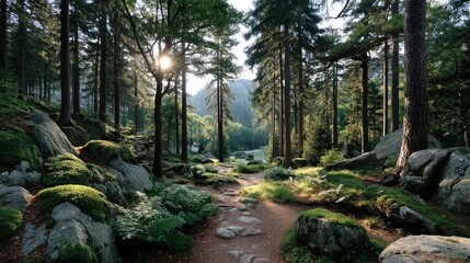 Sunlight filters through tall green trees onto a mossy forest floor with large grey rocks and a narrow path leading into the distance.