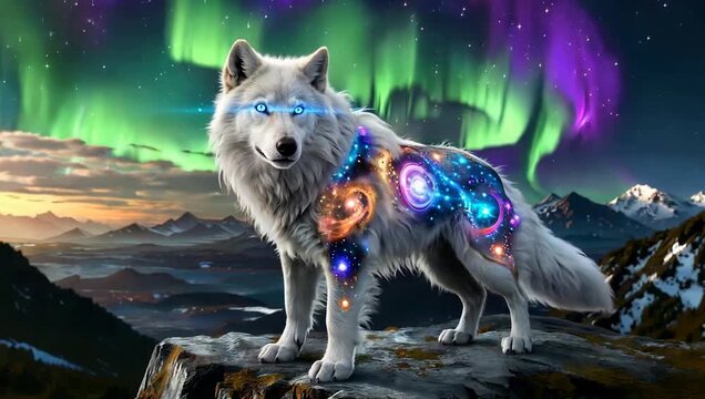 A majestic white wolf with glowing blue eyes and a cosmic galaxy pattern on its fur stands on a mountain peak under a vibrant aurora borealis.