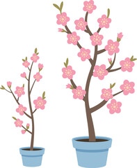 Potted flowering plant set, pink blossoms, green leaves, growth comparison, home decor, garden illustration, botanical design, nature concept, vector art