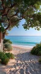 Sunlit Path Through Lush Greenery Leads to a Serene Golden Sand Beach and Sparkling Turquoise Ocean Under a Clear Blue Sky