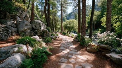 Sunlit Pine Forest Trail with Rocky Outcrops and Blooming Wildflowers in Summer Daytime