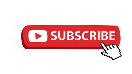 Red subscribe button with a cursor clicking it, isolated on transparent background