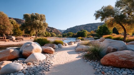 Sunlit Rocky Path Meandering Through a Serene Valley with Distant River and Lush Green Trees Under a Clear Blue Sky