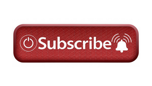 Red subscribe button with bell icon isolated on transparent background
