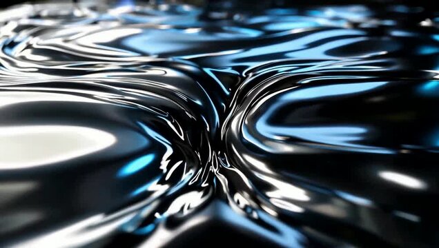 Close-up of a mesmerizing swirling liquid metal surface with vibrant blue and white reflections.