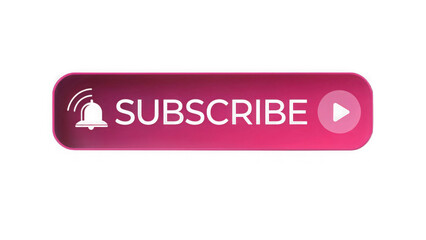 Pink subscribe button with bell and play icon isolated on transparent background