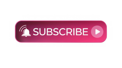 Pink subscribe button with bell and play icon isolated on transparent background
