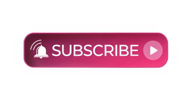 Pink subscribe button with bell and play icon isolated on transparent background