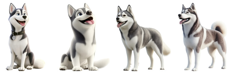 Playful Cartoon Siberian Huskies in Variety of Poses and Expressions, Isolated on Transparent Background