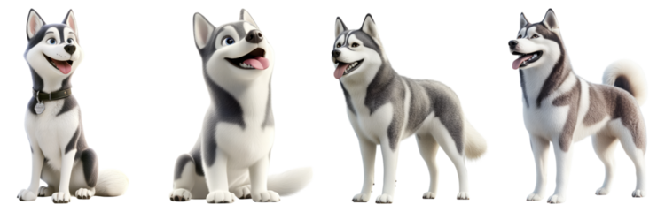 Playful Cartoon Siberian Huskies in Variety of Poses and Expressions, Isolated on Transparent Background