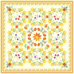 Beautiful botanical pattern with floral embroidery. Embroidered flowers on a pale yellow background. 