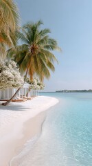 Tropical Beach Scene With Palm Trees Turquoise Water White Sand Beach With Lounge Chairs Under White Pergola On A Sunny Day