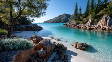 Tropical Beach Paradise With White Sand Turquoise Water Lush Greenery Rocky Shoreline and Clear Blue Sky on a Sunny Day