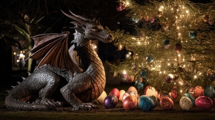 Fototapeta premium Festive Dragon Beside Christmas Tree with Colorful Ornaments