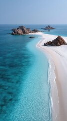 Tropical Ocean Scene With Turquoise Waters White Sand Beach and Rocky Outcrops Under Clear Blue Sky Natural Beauty