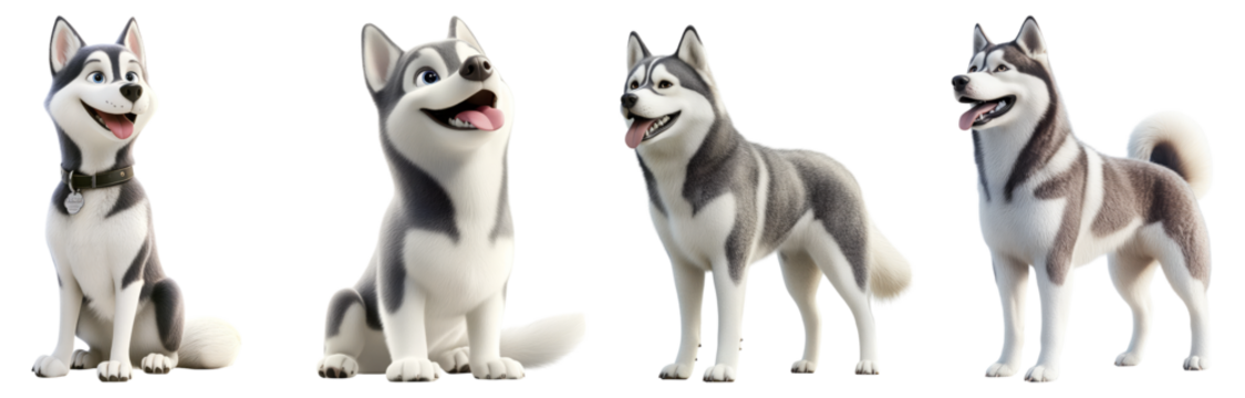 Playful Cartoon Siberian Huskies in Variety of Poses and Expressions, Isolated on Transparent Background