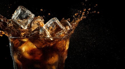 Chilled dark beverage erupts dramatically with clear frozen water cubes against a deep black backdrop