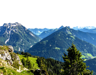 Layered mountains receding into the distance. Lush green slopes with craggy peaks. Bright, sunny, and scenic vista
