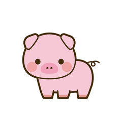 Cartoon illustration of a cute pink piglet with a curly tail, standing on a white background.
