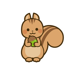Cartoon squirrel holding an acorn, depicted in a cute and simple style on a white background.