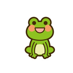 A cheerful cartoon frog with big eyes and a happy expression, smiling.