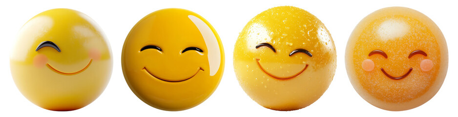 Fototapeta premium Four Cheerful Smiley Faces with Different Expressions and Styles, Isolated on Transparent Background